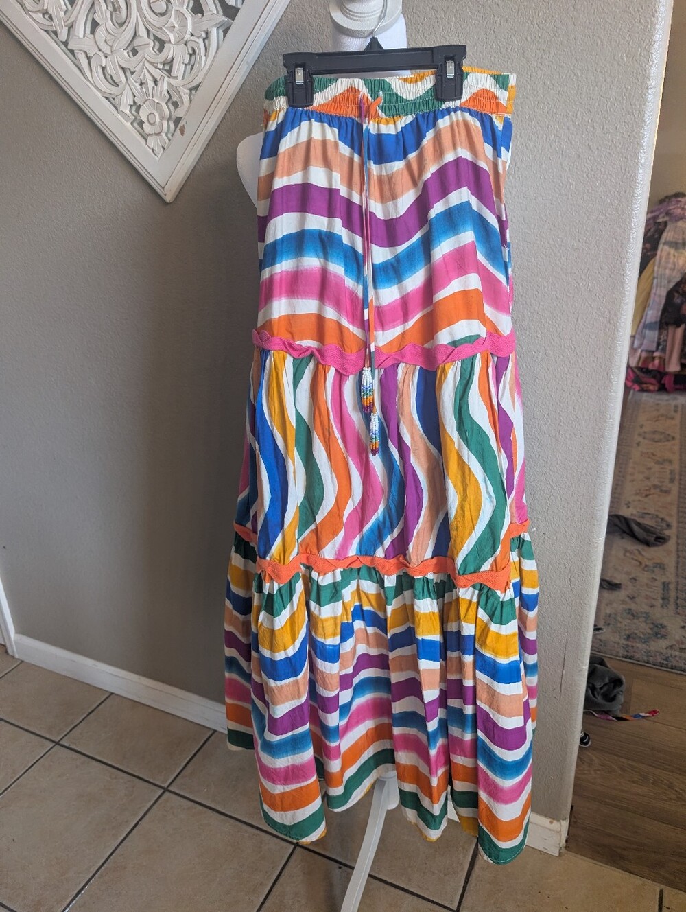 Women’s Multicolor Tiered Maxi Skirt - Vibrant Striped Print